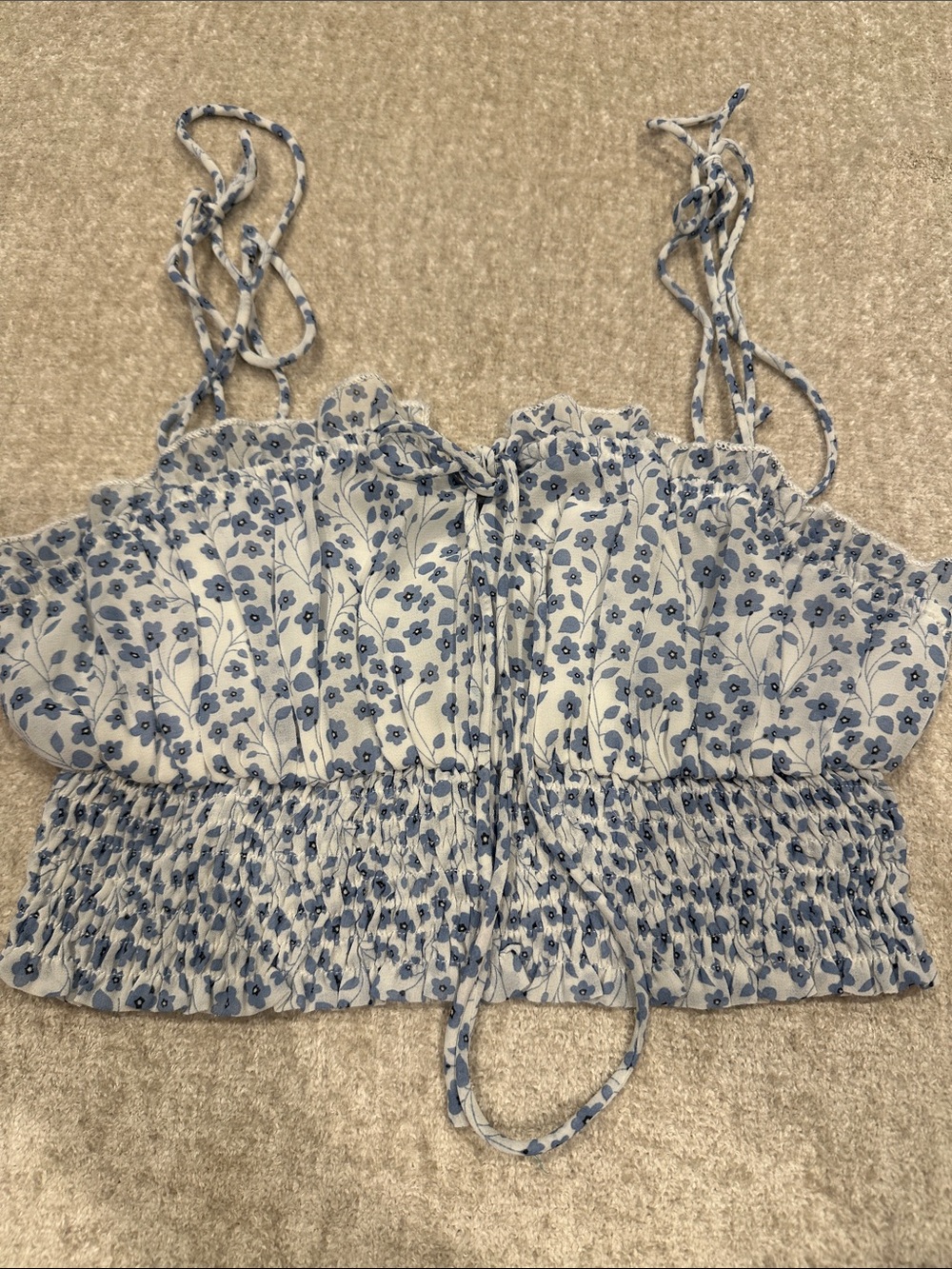 Blue Floral Smocked Crop Tank Top - Women